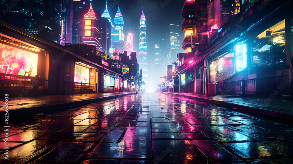 An electrifying shot of a cityscape at night with neon signs and illuminated buildings
