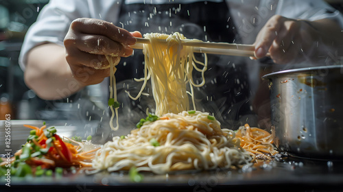 a chef is preparing pasta for making spaghetti with other ingredients ready for cook