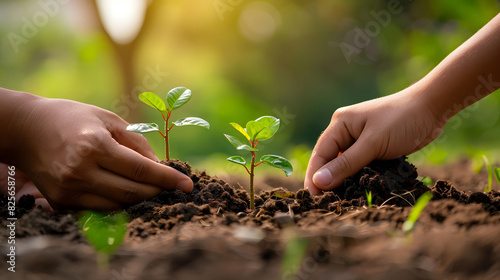 a close up shot of hands planting saplings one digging soil and one preparing saplings focus on environmental conservation concept