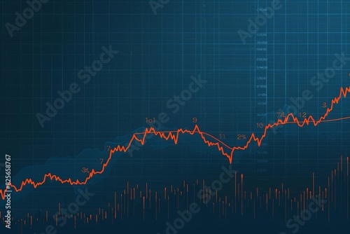 Stock market chart  numbers and orange upward line  blue background
