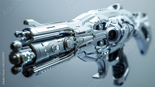 A futuristic weapon with a silver casing and a black grip
