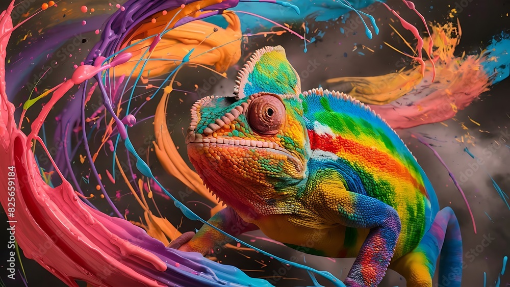 Rainbow Colour Chameleon closeup at paint splash background ,Chameleon Sitting ,nature ,reptile ,lizard ,dragon , animal ,green , branch ,illustration .