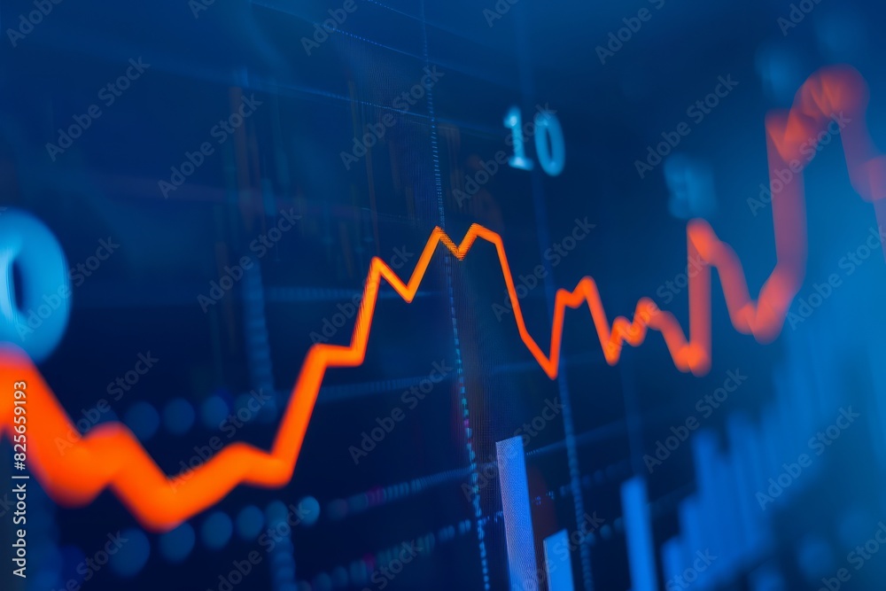 Stock market chart, numbers and orange upward line, blue background