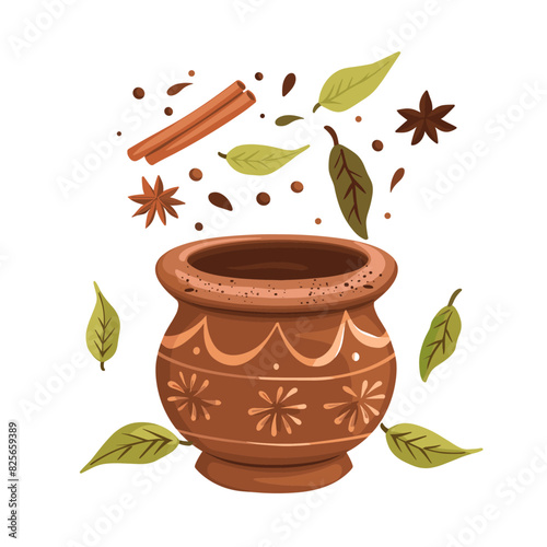 An assortment of colorful spices scattered around a broken clay pot
