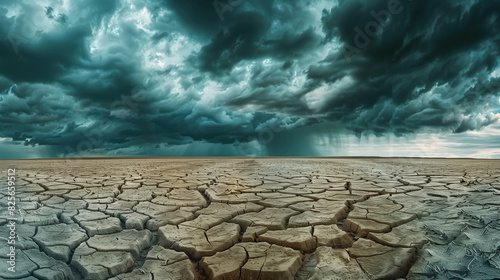 cracked desert under an ominous sky with dark clouds symbolises the impact of climate change on global water resources and ocean health. The scene captures the stark contrast between dry land photo