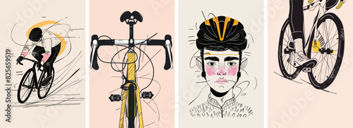 Collection of minimal road bike racing poster cover designs. Abstract cycling sports background