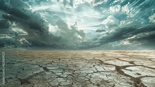 cracked desert under an ominous sky with dark clouds symbolises the impact of climate change on global water resources and ocean health. The scene captures the stark contrast between dry land photo