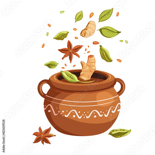 Spilled spices from a broken clay pot creating a mess on a white background