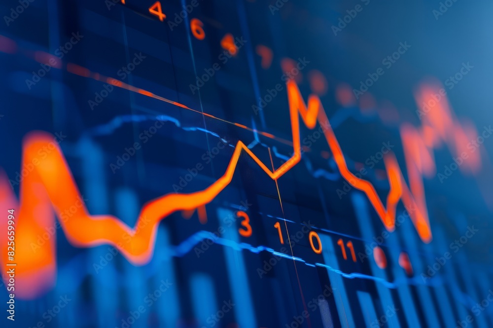 Stock market chart, numbers and orange upward line, blue background Stock market chart, numbers and orange upward line, blue background