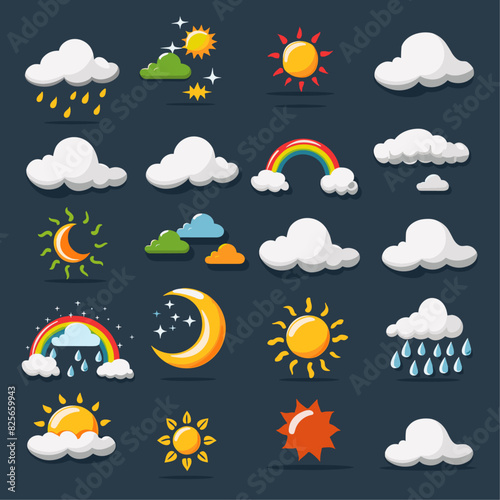 A collection of weather icons in various shapes and colors