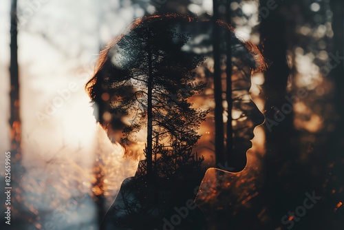 thoughtful gaze, deep contemplation, inward focus, close up, focus on, copy space, muted tones, Double exposure silhouette with forest photo