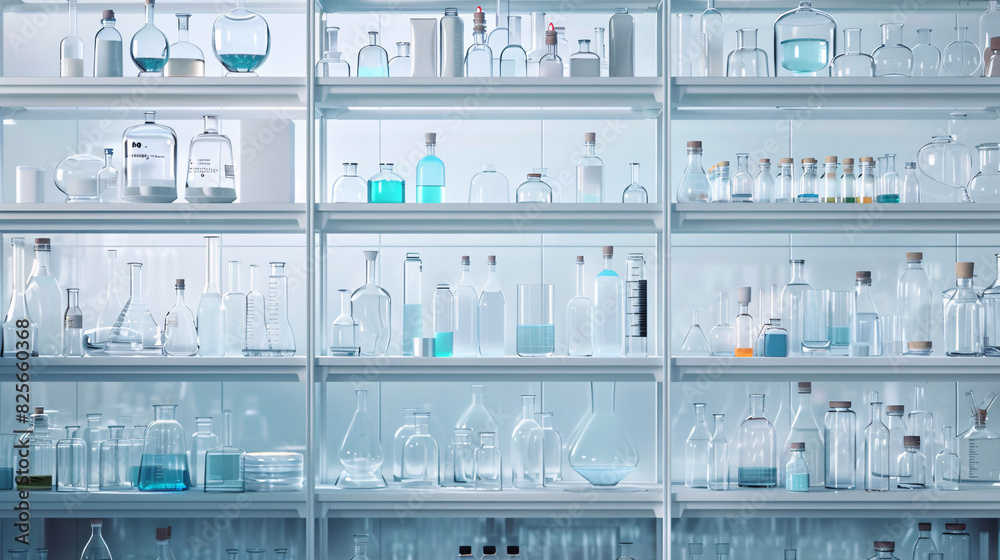 Laboratory with shelves of glassware and chemicals Laboratory with shelves of glassware and chemicals