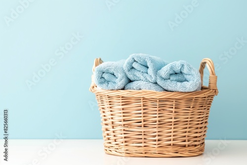 Bath towels in wicker basket on light background