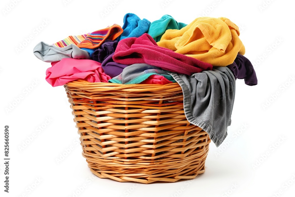 Multi-colored laundry in a basket isolated on a white background Multi-colored laundry in a basket isolated on a white background