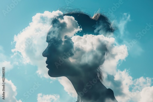A woman with clouds for a head. Concept on the theme of mental health © MadMouse
