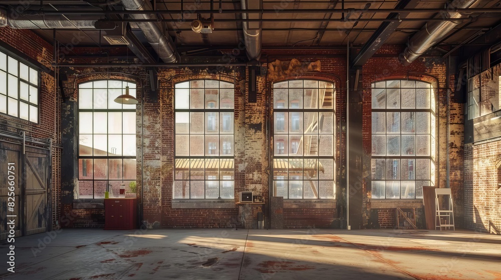 Industrial warehouse interior with exposed brick walls