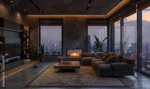 Modern interior of living room with fireplace  dark gray concrete walls and brown wooden furniture. Luxury home design in loft apartment with panoramic windows overlooking the city