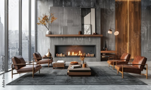 Modern interior of living room with fireplace, dark gray concrete walls and brown wooden furniture. Luxury home design in loft apartment with panoramic windows overlooking the city photo