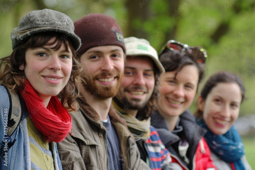 Group of happy young people in the park. Selective focus.