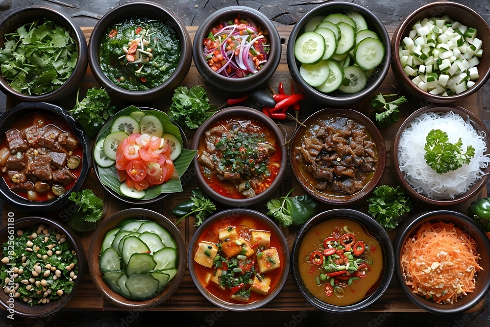 Thai Authenticity Aloft Aerial View of Traditional Dishes with Vibrant Colors and Fresh Ingredients