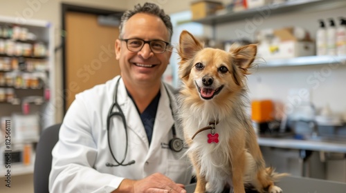 Doctor smiling beside a small dog on the examination table in a clinic. comforting and professional, ensuring a positive experience for both pets and their owners. © nicole