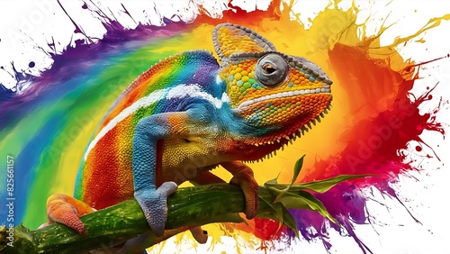 Rainbow Colour Chameleon closeup at paint splash background  Chameleon Sitting  nature  reptile  lizard  dragon   animal  green   branch  illustration .