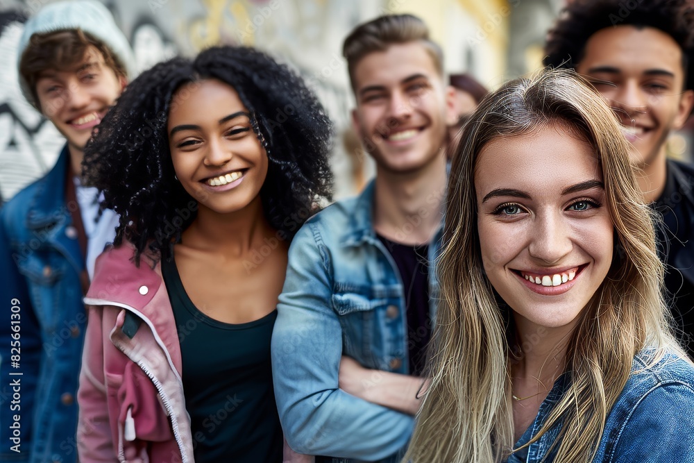 Portrait of a group of smiling friends standing in front of graffiti wall Portrait of a group of smiling friends standing in front of graffiti wall