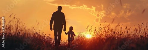silhouette father with little daughter walk at sunset. father's day background concept © Mentari