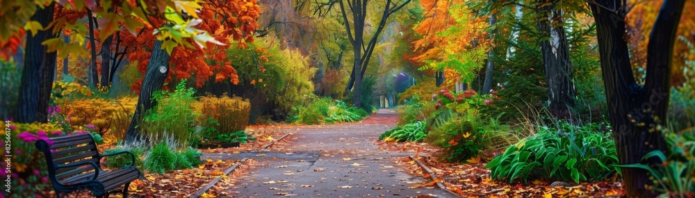 Peaceful Autumn Park Path with Bench Peaceful Autumn Park Path with Bench