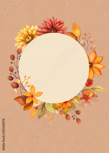 Rectangular frame with fall watercolor flowers and beige circle. Vertical background of hand drawn autumn floral illustration with botanical elements. Textured craft paper for card and invitations.