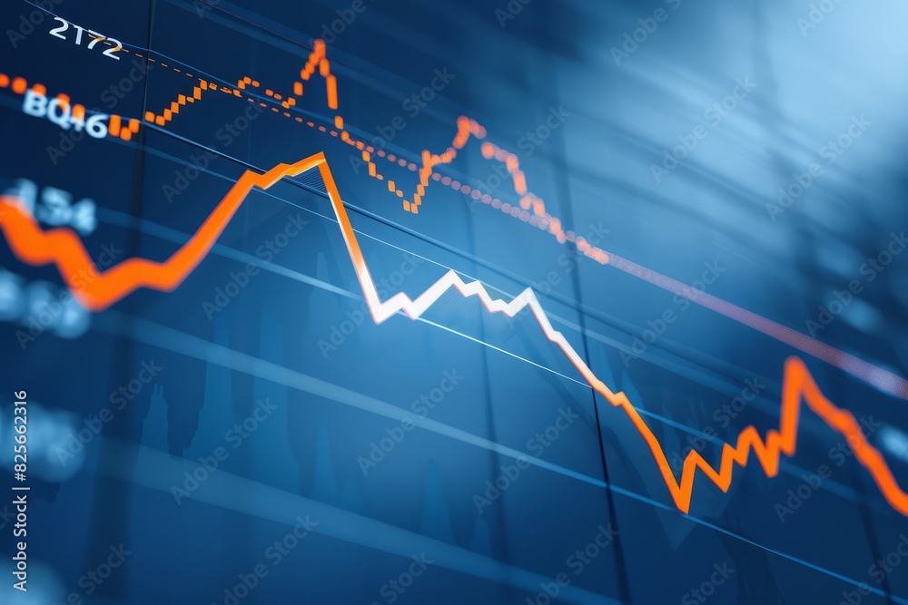 Stock market chart, numbers and orange upward line, blue background Stock market chart, numbers and orange upward line, blue background
