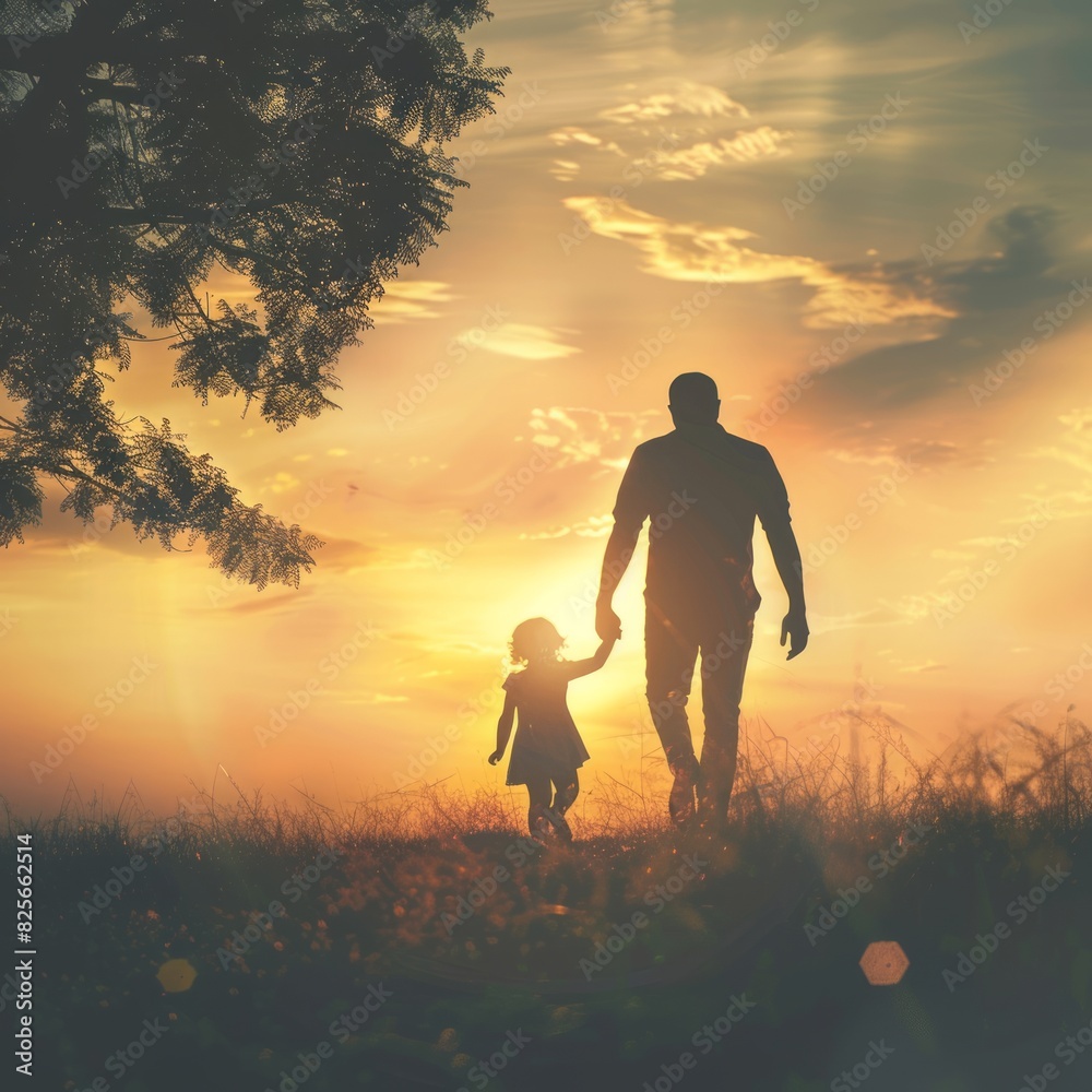 silhouette father with little daughter walk at sunset. father's day background concept silhouette father with little daughter walk at sunset. father's day background concept