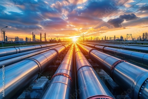 Large Industrial Gas Pipelines at Sunrise in Modern Refinery Concept Energy and Industrial Infrastructure.