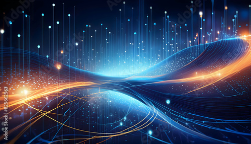 Abstract technology flowing data in blue yellow and black color background. Coding colorful data flowing.