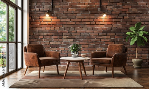 loft interior with brick wall  brown leather armchairs and coffee table near window
