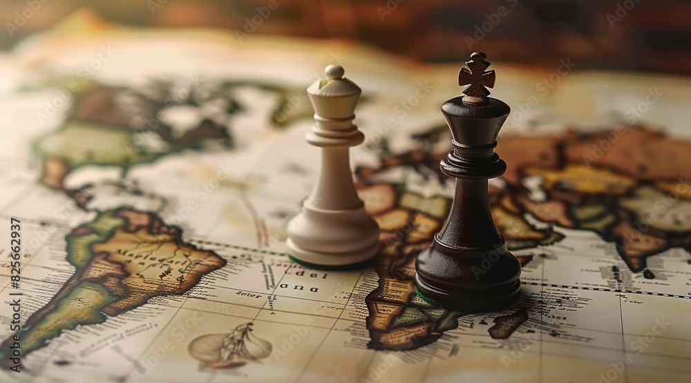 A close-up of chess pieces on an Old World map