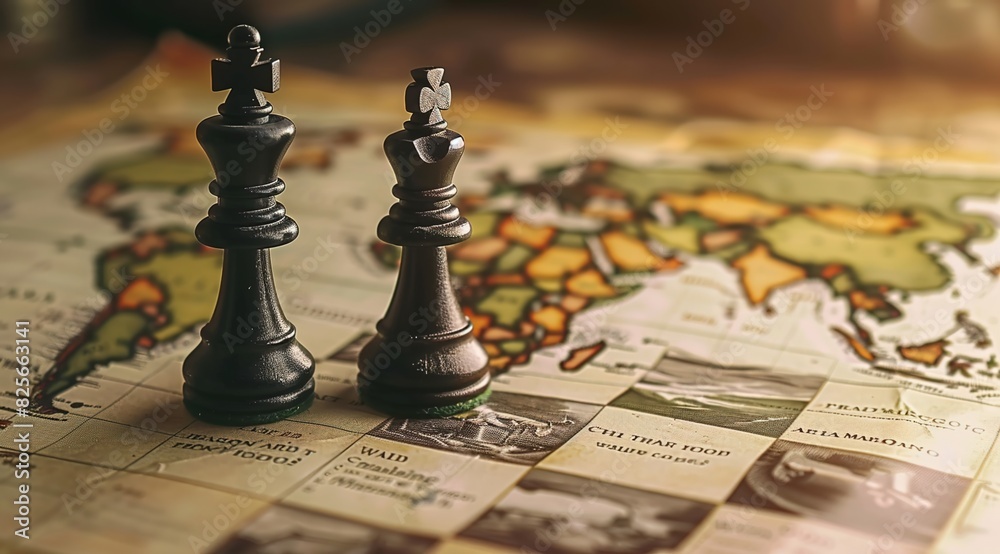 A close-up of chess pieces on an Old World map A close-up of chess pieces on an Old World map