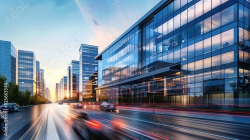 Modern office building with a glass facade and motion blurred cars on the road in the city, architecture concept background. Realistic 3D rendering of a modern commercial complex exterior design.