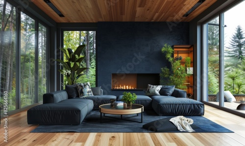 modern living room interior with dark blue walls, wooden floor and ceiling, black sofa near fireplace