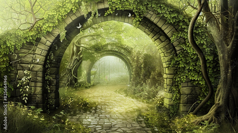 Fantasy World Archway Adorned with Vines in Fairy Tale Forest. Generative Ai