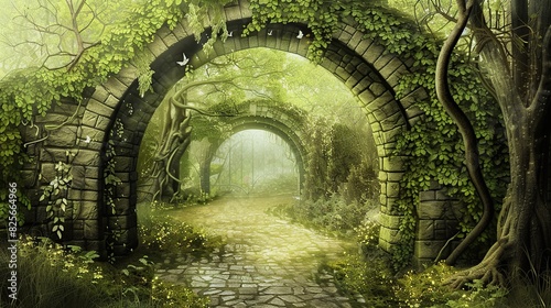 Fantasy World Archway Adorned with Vines in Fairy Tale Forest. Generative Ai
