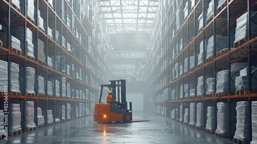 Smart warehouse worker or operator driving forklift and lifted product surrounded with box at storage. Professional engineer working in ware house while using machine carry or transport box. AIG42.