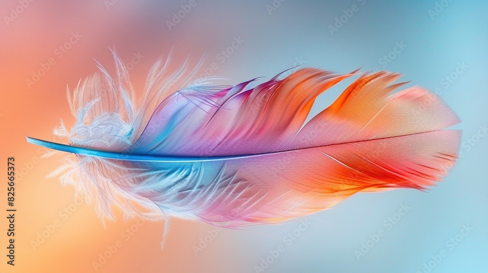 Obraz premium A colorful bird feather gracefully floats through the air a soft gradient background. Aesthetic design. Generative AI