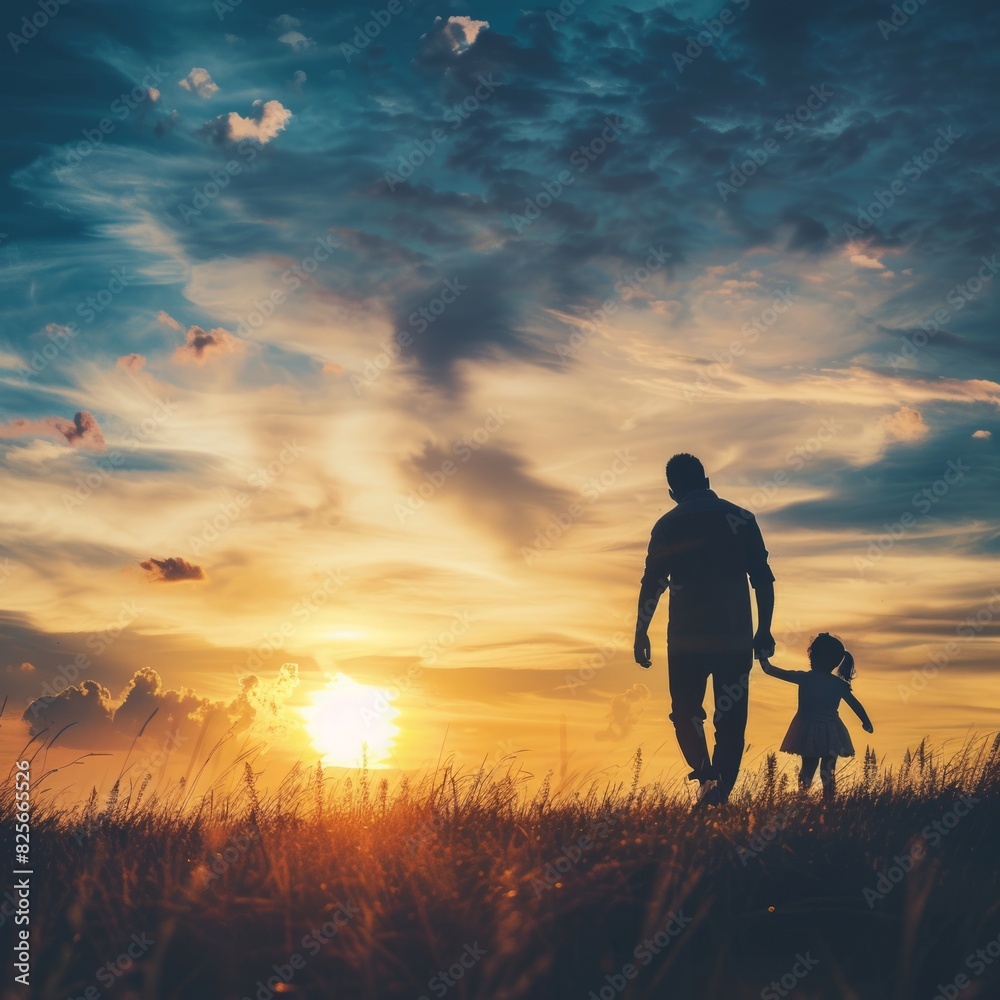 Fototapeta premium silhouette father with little daughter walk at sunset. father's day background concept