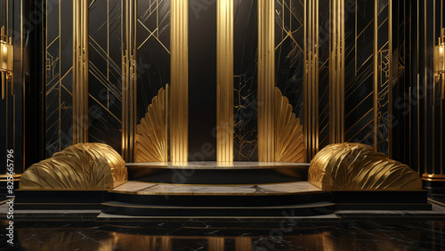 3D podium with geometric patterns, gold and black lacquer photo