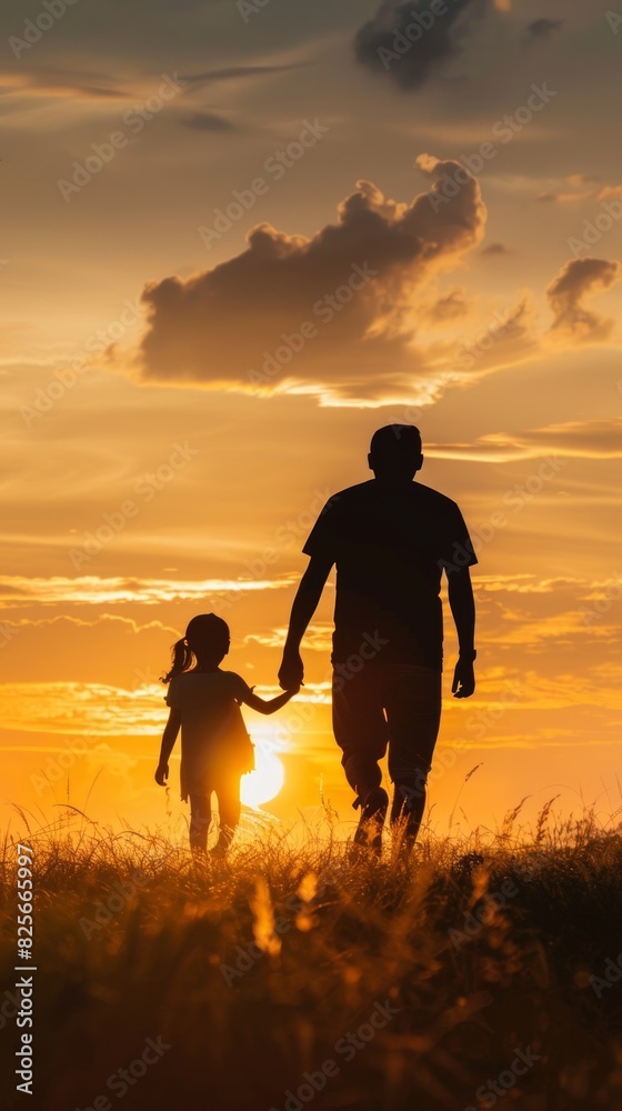 silhouette father with little daughter walk at sunset. father's day background concept silhouette father with little daughter walk at sunset. father's day background concept