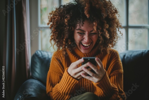 A young woman with curly hair holding a smartphone and laughing looking at the screen photo