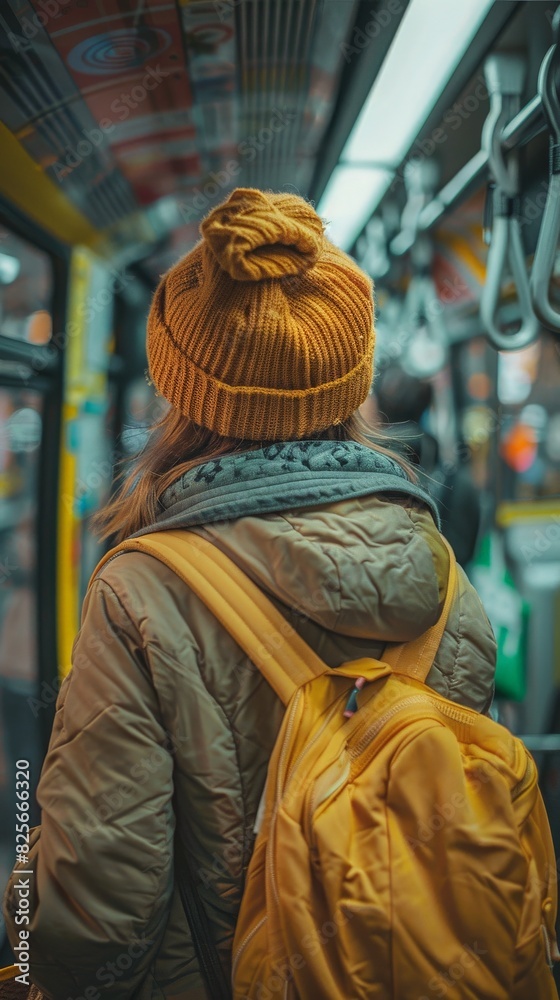 A person wearing a yellow beanie and backpack on a public bus. Capturing the essence of urban commuting during the winter season.