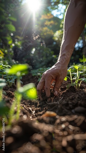 Close-up of a hand planting seedlings in the soil, with sunlight shining through the trees. Gardening and nurturing growth in natural surroundings.