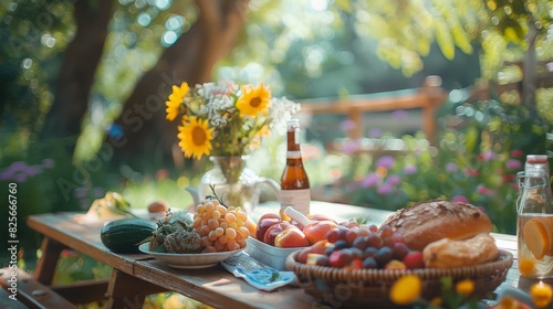 A picturesque outdoor picnic featuring fresh bread, fruits, wine, and flowers on a wooden table in a sunlit garden.